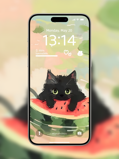 4K HD Wallpaper Background - 3-in-1 Black Cat and Watermelon Pond Phone Wallpaper Set