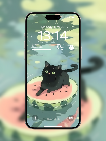 4K HD Wallpaper Background - 3-in-1 Black Cat and Watermelon Pond Phone Wallpaper Set